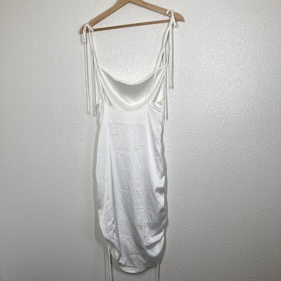 LEAU Dress Womens Small White Satin Cowl Neck Ruched Drawstring Slip Tie Straps - Picture 12 of 16